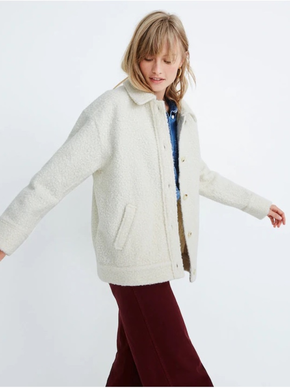 Madewell Sherpa Bomber Winter Button-Up Teddy Shirt Jacket in Cream Size Medium